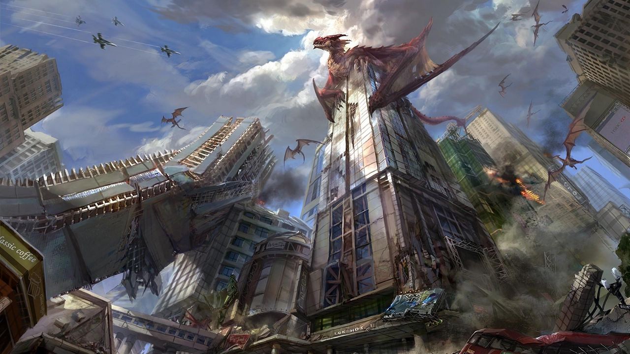 Обои драконы, город, небоскрёбы, разрушение