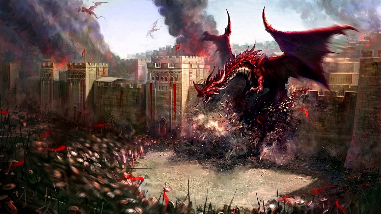 Обои драконы, город, стена, разрушение, воины, защита