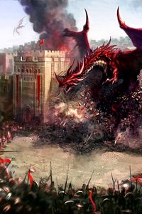 Превью обои драконы, город, стена, разрушение, воины, защита
