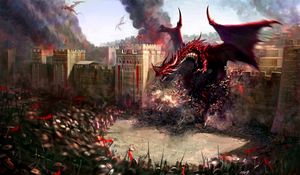 Превью обои драконы, город, стена, разрушение, воины, защита