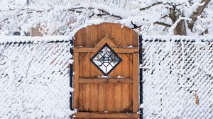 Превью обои дверь, ограда, снег, зима, дерево
