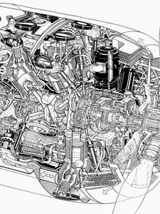 Превью обои двигатель, механизм, схема, чб