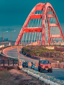 Превью обои джип, автомобиль, дорога, мост