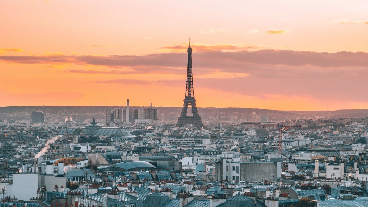 Обои эйфелева башня, город, закат, вид сверху, париж, франция