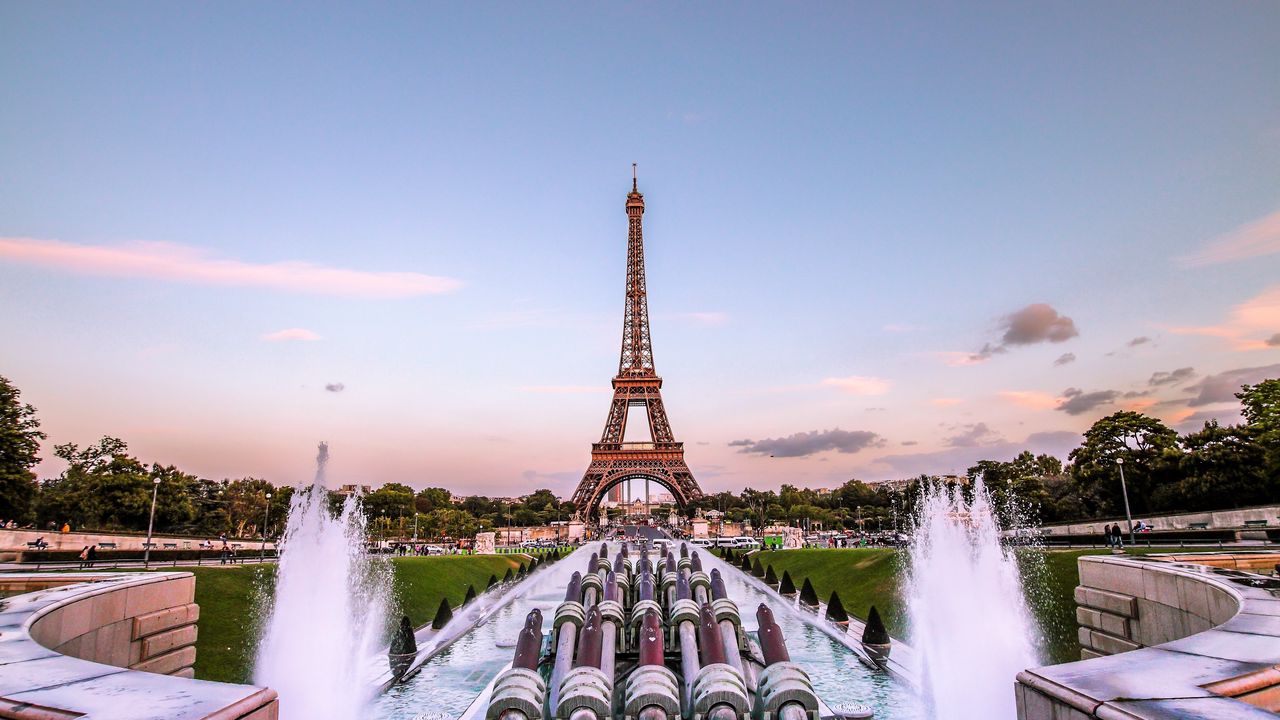 Обои эйфелева башня, париж, золотой вечер, франция, фонтан
