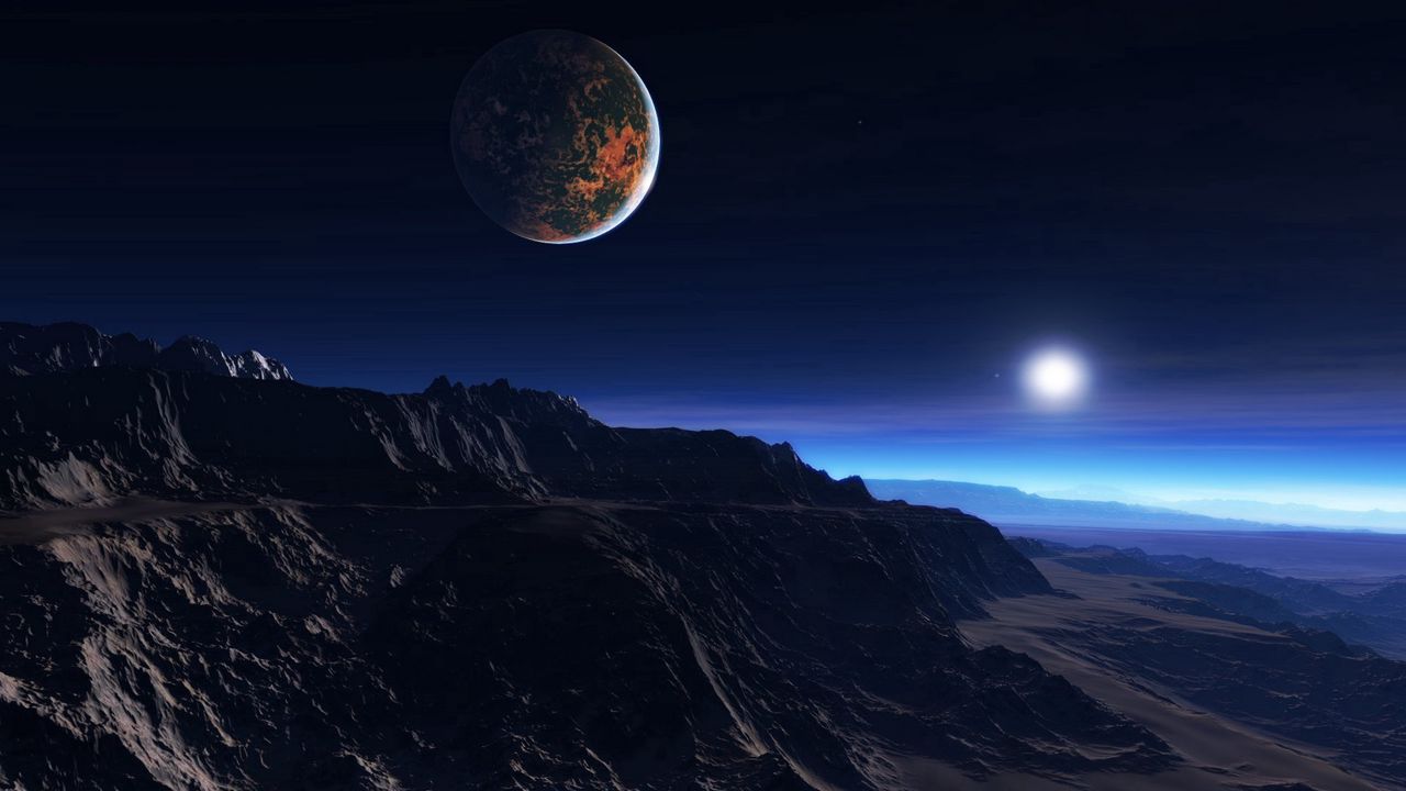 Обои экзопланета, атмосфера, облака, звезда, спутник, мгла, горы, скалы