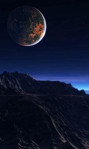 Превью обои экзопланета, атмосфера, облака, звезда, спутник, мгла, горы, скалы
