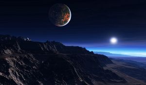 Превью обои экзопланета, атмосфера, облака, звезда, спутник, мгла, горы, скалы