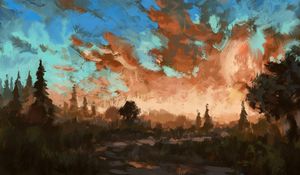 Превью обои ель, деревья, небо, краска, холст, арт