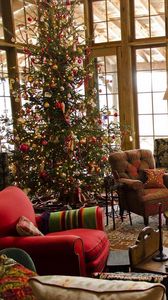 Превью обои ель, камин, рождество, дом, уют, кресла