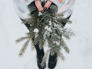 Превью обои ель, снег, ветки, руки