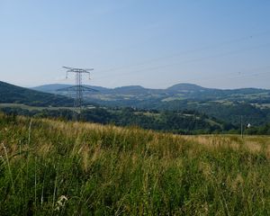 Превью обои электростолб, холмы, пейзаж, трава