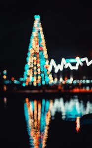 Превью обои елка, блики, боке, освещение, новый год, рождество