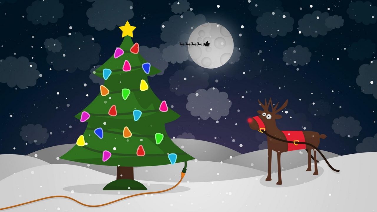 Обои елка, гирлянды, провод, олень, рождество, луна, санта клаус, сани, полет