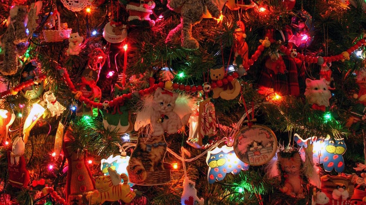Обои елка, гирлянды, украшения, игрушки, кошки, новый год, праздник