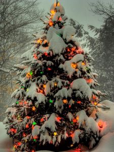 Превью обои елка, гирлянды, новый год, рождество, деревья, снег, зима, праздник
