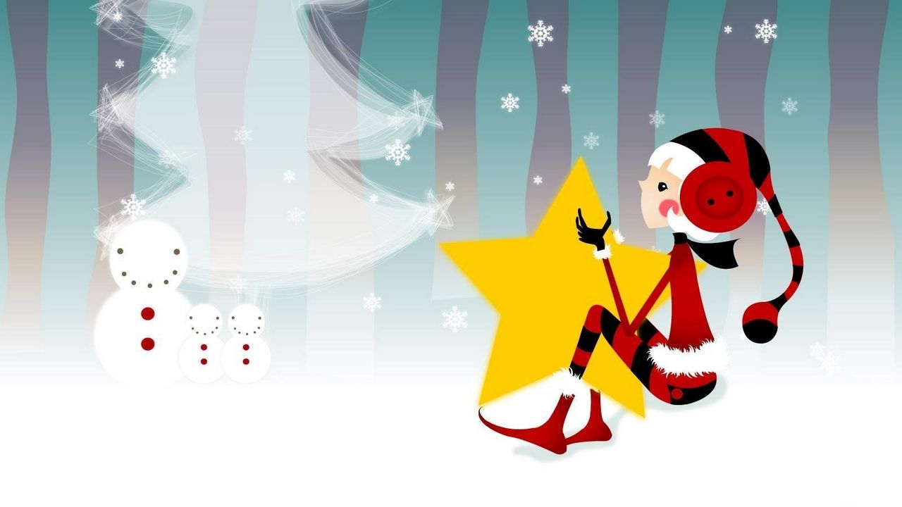 Обои елка, новый год, снеговики, девочка, звезда, снежинки
