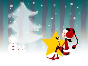 Превью обои елка, новый год, снеговики, девочка, звезда, снежинки