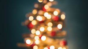 Превью обои елка, огни, размытость, боке, новый год, рождество