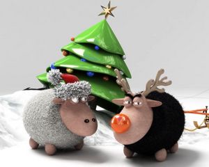 Превью обои елка, овцы, сани, встреча, праздник, новый год
