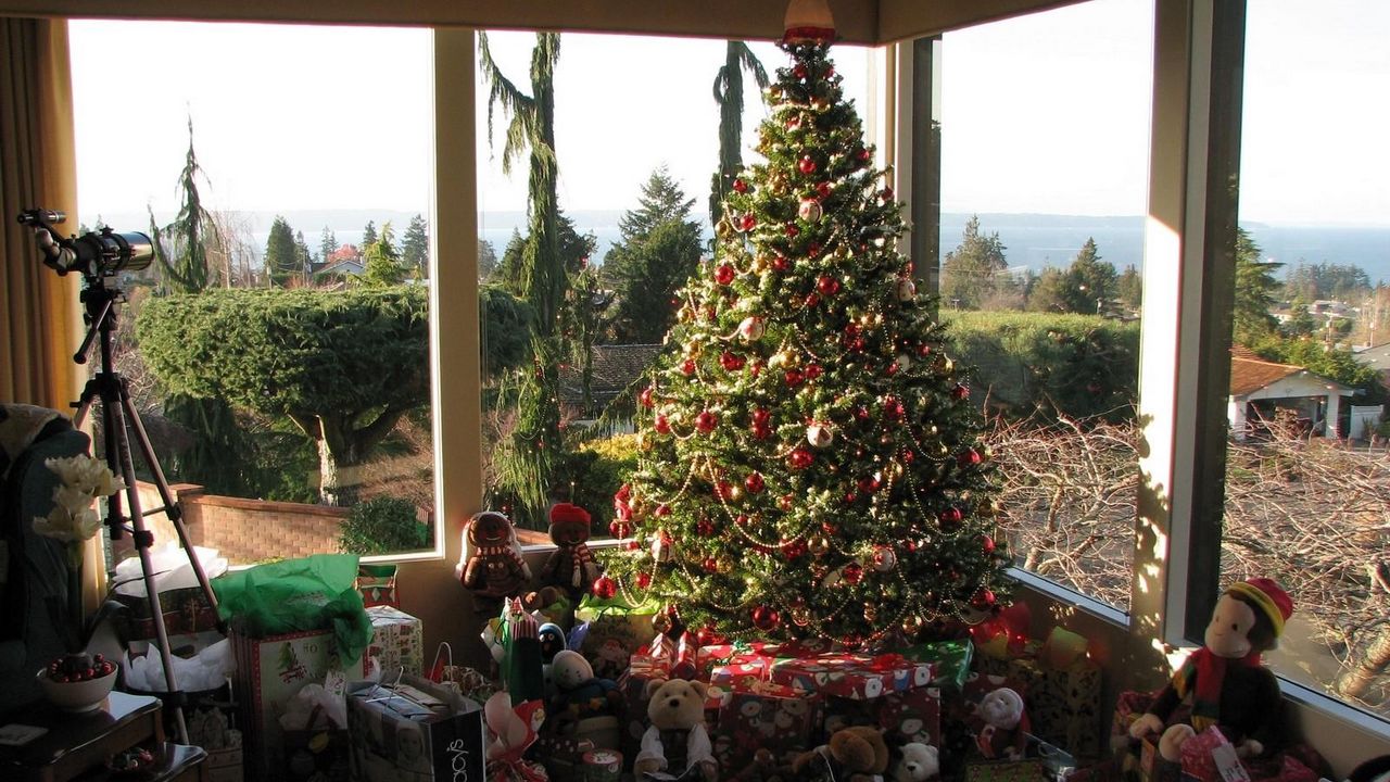Обои елка, подарки, игрушки, дом, стекло, праздник, рождество