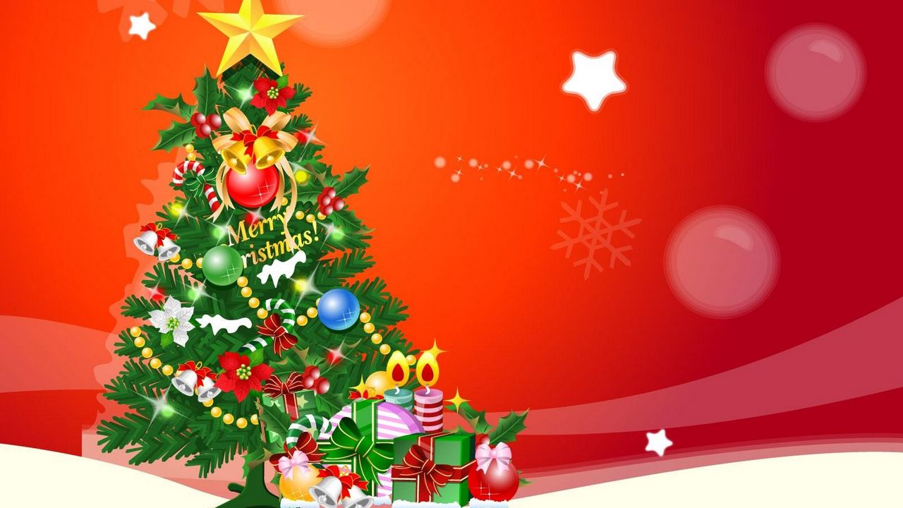 Обои елка, подарки, звезда, снежинки, праздник, рождество