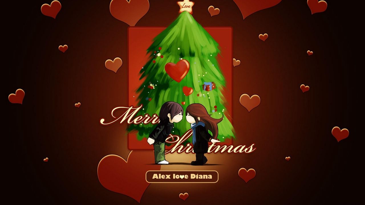 Обои елка, рождество, пожелания, пара, сердца, поцелуй, настроение, любовь