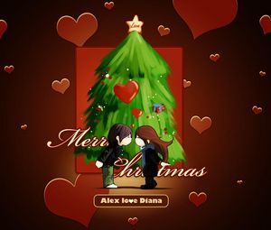 Превью обои елка, рождество, пожелания, пара, сердца, поцелуй, настроение, любовь