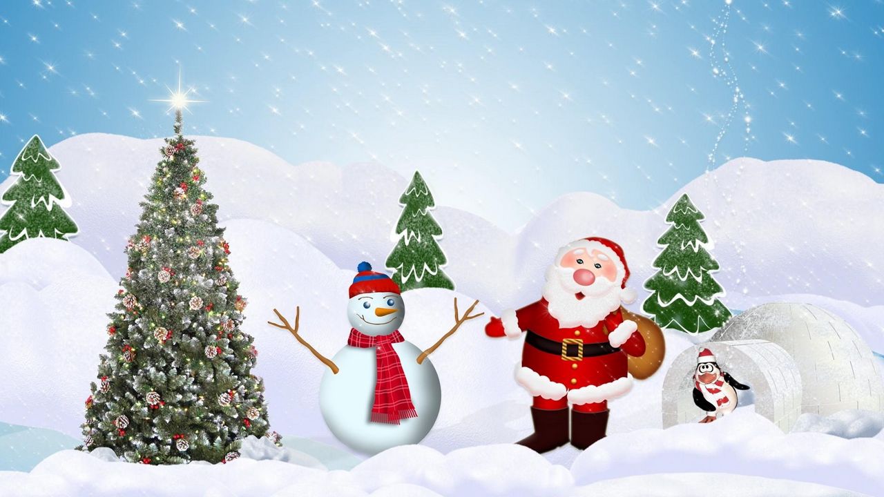 Обои елка, санта клаус, снеговик, пингвин, снег, зима, новый год