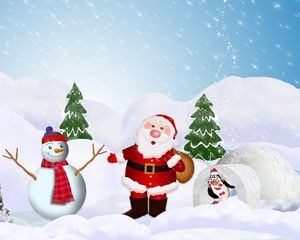 Превью обои елка, санта клаус, снеговик, пингвин, снег, зима, новый год