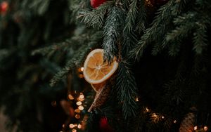 Превью обои елка, шишки, апельсин, украшения, гирлянды, новый год, рождество