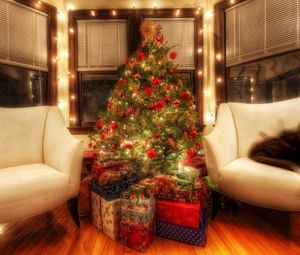Превью обои елка, украшения, подарки, комната, кресла, рождество