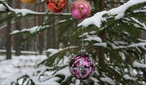 Превью обои елка, ветка, снег, шары, лес, праздник, новый год