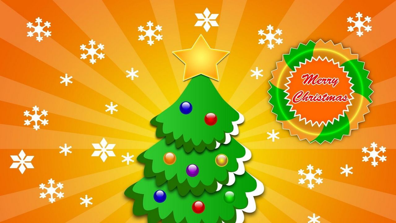 Обои елка, звезда, снежинки, лучи, рождество, праздник, надпись