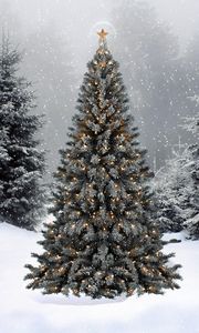 Превью обои елки, гирлянды, звезда, снег, зима, лес, новый год, рождество