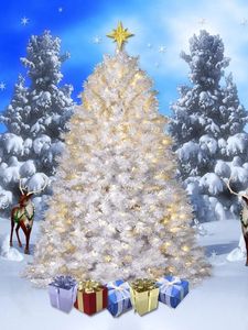 Превью обои елки, лес, снежинки, снег, олени, подарки, праздник