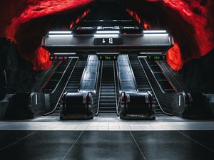 Превью обои эскалатор, метро, тоннель, подземный, темный