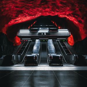 Превью обои эскалатор, метро, тоннель, подземный, темный