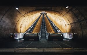 Превью обои эскалатор, метро, тоннель, пустой, темный