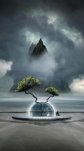 Превью обои фантастика, дерево, облака, туман, шар, гора