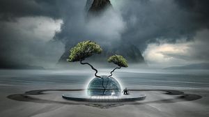 Превью обои фантастика, дерево, облака, туман, шар, гора