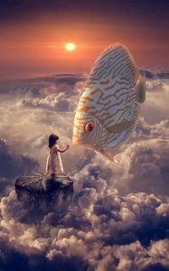 Превью обои фантазия, девочка, рыба, облака, небо