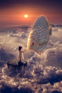 Превью обои фантазия, девочка, рыба, облака, небо
