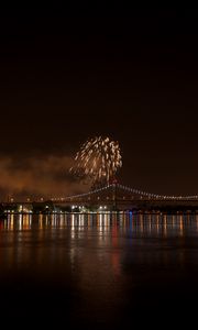 Превью обои фейерверк, мост, огни, река, ночь