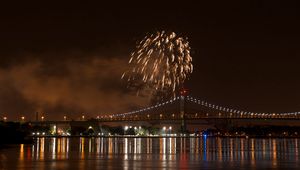 Превью обои фейерверк, мост, огни, река, ночь