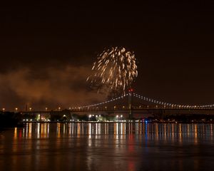 Превью обои фейерверк, мост, огни, река, ночь
