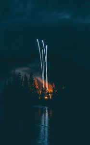 Превью обои фейерверк, ночь, темный, берег, озеро