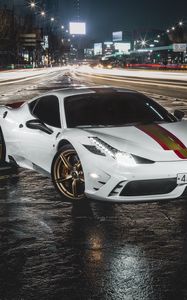 Превью обои ferrari 458, ferrari, автомобиль, белый, ночь, дорога