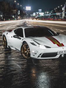 Превью обои ferrari 458, ferrari, автомобиль, белый, ночь, дорога