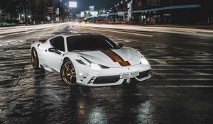 Превью обои ferrari 458, ferrari, автомобиль, белый, ночь, дорога